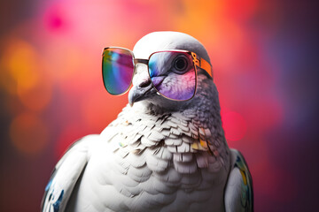 Wall Mural - Funny dove wearing sunglasses in studio with a colorful and bright background. Generative AI