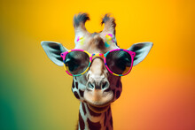 Funny Giraffe Wearing Sunglasses In Studio With A Colorful And Bright Background. Generative AI