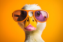 Funny Goose Wearing Sunglasses In Studio With A Colorful And Bright Background. Generative AI