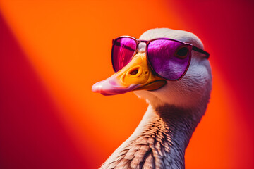 funny goose wearing sunglasses in studio with a colorful and bright background. generative ai