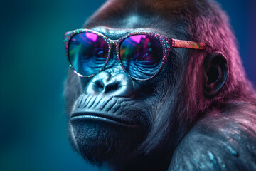 Funny gorilla wearing sunglasses in studio with a colorful and bright background. Generative AI