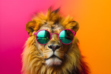 Funny Lion Wearing Sunglasses In Studio With A Colorful And Bright Background. Generative AI