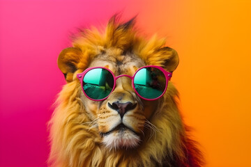 Funny lion wearing sunglasses in studio with a colorful and bright background. Generative AI