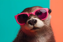 Funny Otter Wearing Sunglasses In Studio With A Colorful And Bright Background. Generative AI