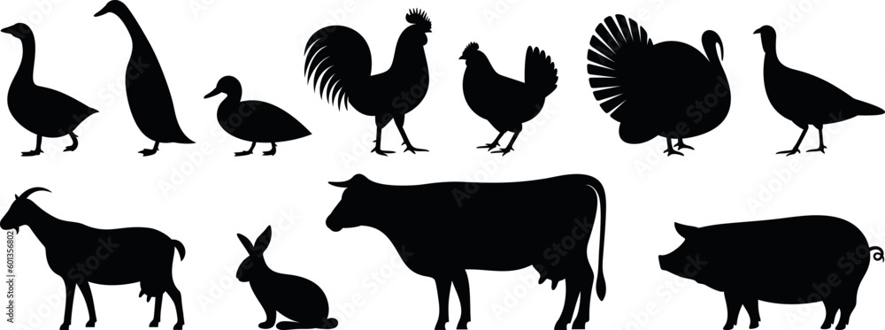 Farm animals silhouette. Isolated farm animals on white background ...
