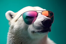 Funny Polar Bear Wearing Sunglasses In Studio With A Colorful And Bright Background. Generative AI
