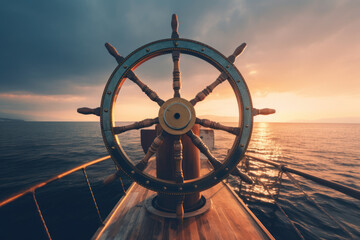 Wall Mural - ship wheel on boat with sea and sky. freedom and adventure. direction concept. generative ai