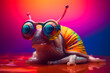Funny snail wearing sunglasses in studio with a colorful and bright background. Generative AI