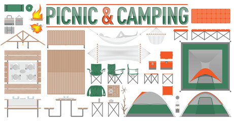 Picnic and Camping Vector Set with Top, Front and Side views of Camping Items and Picnic Furniture