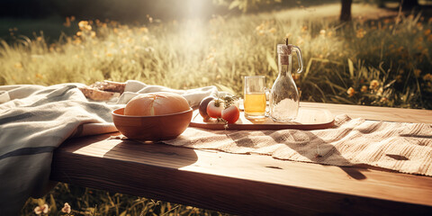 Lunch in sammer rustic garden. Outdoors dinner. Summertime holidays. woden table with tasty food,fruits, wineglasses on sunset light. Generative ai.