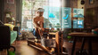 © Gorodenkoff - Virtual Reality Metaverse Futuristic Home Gym. Man Exercising on Row Machine Wearing Virtual Reality Headset, Infographics Show Health Care Stats and Graphs. Sportsman Using VR Workout Service