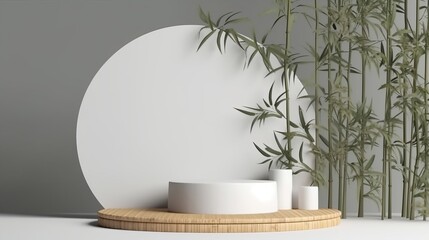 Wall Mural - Bamboo product display podium for natural product. Empty scene with bamboo branch. Generative ai