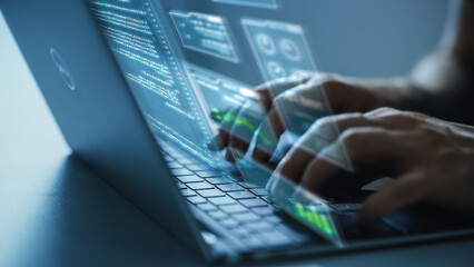 Poster - Software Programmer Working on Computer, Engineering Neural Network, Creating Machine Learning App, Doing Big Data Analysis, and Optimizing AI. Edited Hologram Overlayes Screen. Focus on Hands