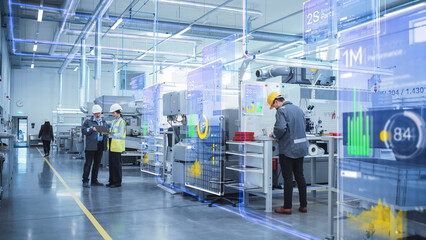 Factory Digitalization: Two Industrial Engineers Use Laptop Computer, Big Data Statistics Visualization, Optimization of High-Tech Electronics Facility. Industry 4.0 Machinery Manufacturing Products