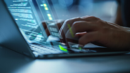 Poster - Software Programmer Working on Computer, Engineering Neural Network, Creating Machine Learning App, Doing Big Data Analysis, Optimizing AI. Edited Projection Overlayes Screen. Focus on Hands