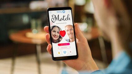 POV Dating App Concept: Person Uses Smartphone for Browsing Social Media Dating Application. Person Swiping, Searching, Screen Shows Matching with Partner, Finding True Love