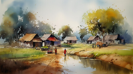 Watercolour painting of  an Indian village with a pond nearby. Generative AI.