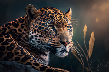 Leopard portrait on dark background. AI Generative