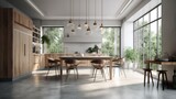 Fototapeta Panele - Modern spacious bright kitchen with dining area, table and chairs. Minimalistic design, free space, large panoramic windows with stunning views of the garden. The concept of a modern Generative AI