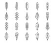 © Vector Tradition - Feather line icons, plume light feathers or lightweight smooth quills, vector symbols. Bird feather outline icons in thin line art, bird quill with geometric ornament pattern or ethnic Boho decoration