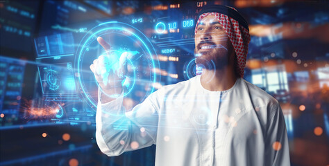 Muslim businessman working with floating data visualization screen
