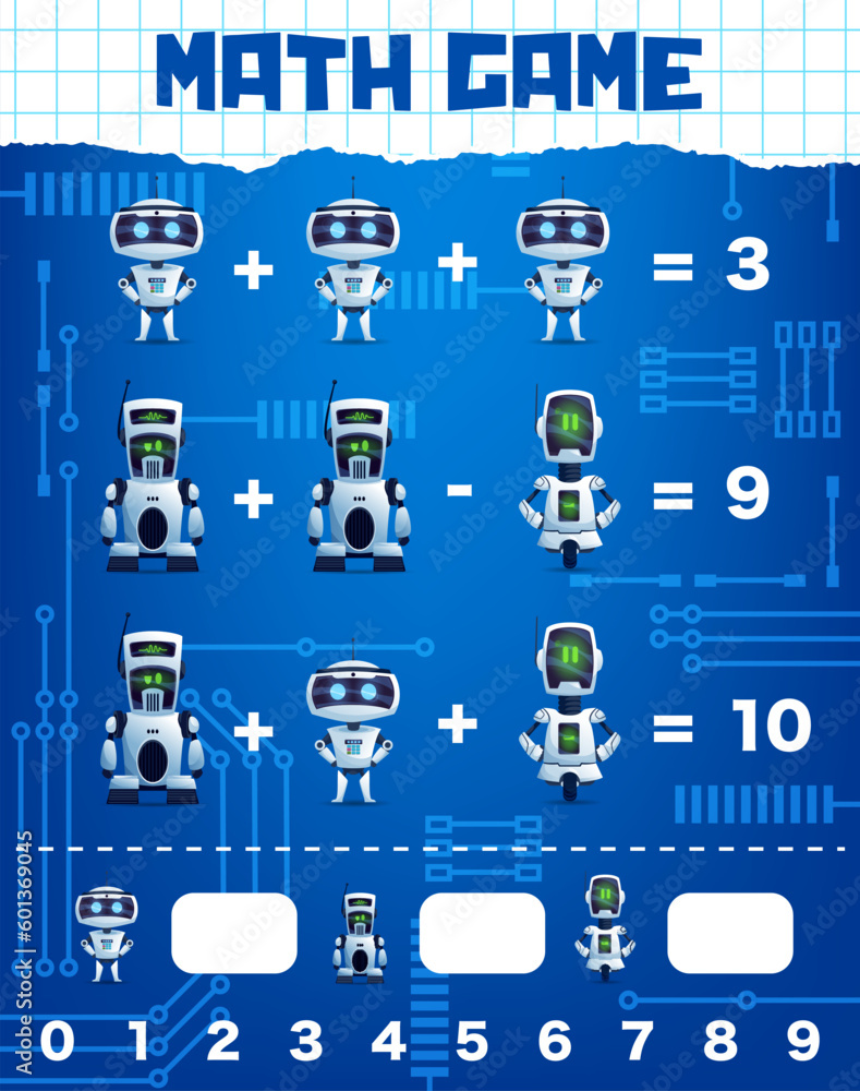 Math game worksheet. Cartoon robot characters. Child education playing activity, kids math vector puzzle or children mathematical game with alien robots, artificial intelligence droids personages