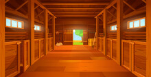 Cartoon Farm Stable Or Barn Interior With Haystacks Or Hayloft. Vector Empty Spacious Wood Shed For Livestock, Cattle Or Horse Inside View. Rural Country Storehouse Hangar With Hay Bales And Open Gate