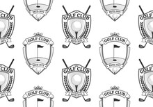 Golf Seamless Pattern Or Background With Crossed Golf Clubs And Ball On Tee. Vintage Shield Emblem With Laurel Wreath And Ribbon. Sport Tournament Or Championship Print Design. Vector Illustration.