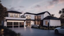 Modern Large And Spacious Two-story House With White Walls And A Black Roof, A Spacious Terrace And A Garage. Spacious Parking And Car In Front Of The House. Generative AI