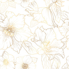 floral spring seamless pattern. anemone wildflowers sakura bloom blossom leaves. gold shiny outline 
