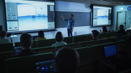 Fototapete - Young Male Lecturer Giving an Architectural Engineering Lecture to Diverse Multiethnic Group of Female and Male Students in Dark College Room. Projecting Slideshow with a Private House Blueprint