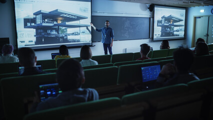 Leinwandbilder - Young University Professor Explaining an Interior Design Styles Lecture to a Group of Diverse Multiethnic Students in a Dark Auditorium. Teacher Showing a Housing Project on Two Big Screens