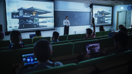 Aufkleber - Young Female Teacher Giving an Architectural Engineering Lecture to Diverse Multiethnic Group of Women and Male Students in Dark College Room. Projecting Slideshow with a Private House Blueprint