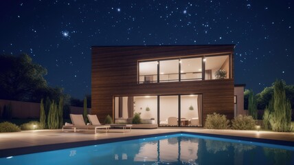 Wall Mural - Modern stylish home with large panoramic windows and a swimming pool in the foreground at night in the moonlight. Modern minimalistic architecture. Generative AI