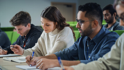 Aufkleber - Talented Smart Female Student Studying in College with Diverse Multicultural Colleagues. Young Woman Focused on a Lecture, Writing Down a Summary in Her Notebook