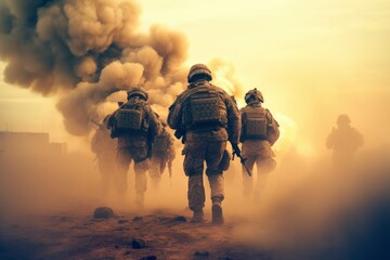 Military action on war zone with smoked background created with Generative AI