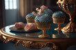 Colourful cupcakes on ornate glass tables with golden accents in royal bedroom covered with flowers. Generative AI