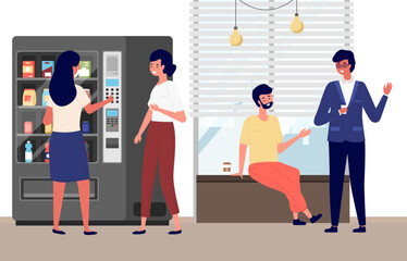 Business people taking coffee break. Girls are buying food from vending machine. Guys sit and communicate. Office employees flat vector illustration. Colleagues spend time in the office together