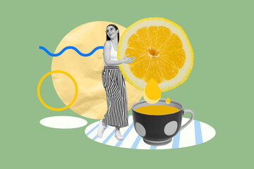 Wall Mural - Magazine advert collage of lady traveler have rest drink with friends squeeze lemon in her tea lemonade