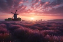 A Windmill And A Sea Of Flowers In Purple Tones , Generated By AI