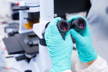 Wall Mural - Close up of binoculars of microscope focused on a specimen. 