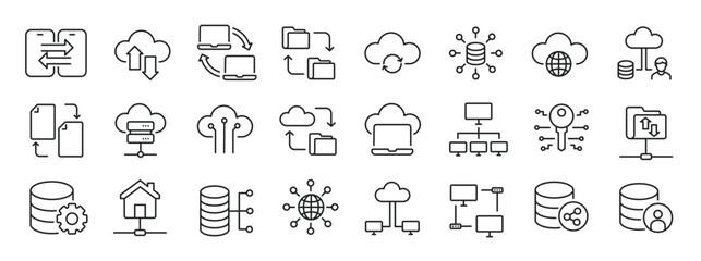 Data traffic, database, clouds, exchange thin line icons. Editable stroke. For website marketing design, logo, app, template, ui, etc. Vector illustration.