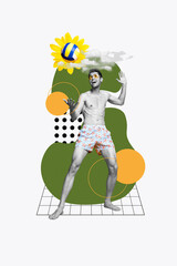 Sticker - Composite artwork collage illustration torso shirtless playing volleyball have fun summer time beach game isolated on white background