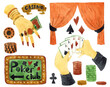 Casino party. Design elements set. Retro watercolor illustration