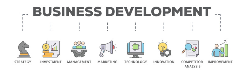 Business development banner web icon vector illustration concept with icon of strategy, investment, management, marketing, technology, innovation, competitor analysis, improvement
