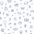 Children's doodle plain set of different hand-drawn icons. Kindergarten. Vector seamless pattern with childish doodle elements drawn in blue pen in a school notebook for backgrounds, web design, desig