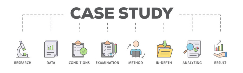 Case study banner web icon vector illustration concept with icon of research, data, conditions, examination, method, in-depth, analyzing, and result
