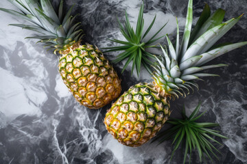  Tasty whole pineapples with leaves on stone table top view. Generative AI