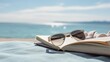 © Tuyres - Still life illustration of summer accessories at the beach. Sunglasses, book, towel, in the sand. Summer concept. Generative AI.