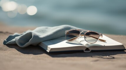 Still life illustration of summer accessories at the beach. Sunglasses, book, towel, in the sand. Summer concept. Generative AI.